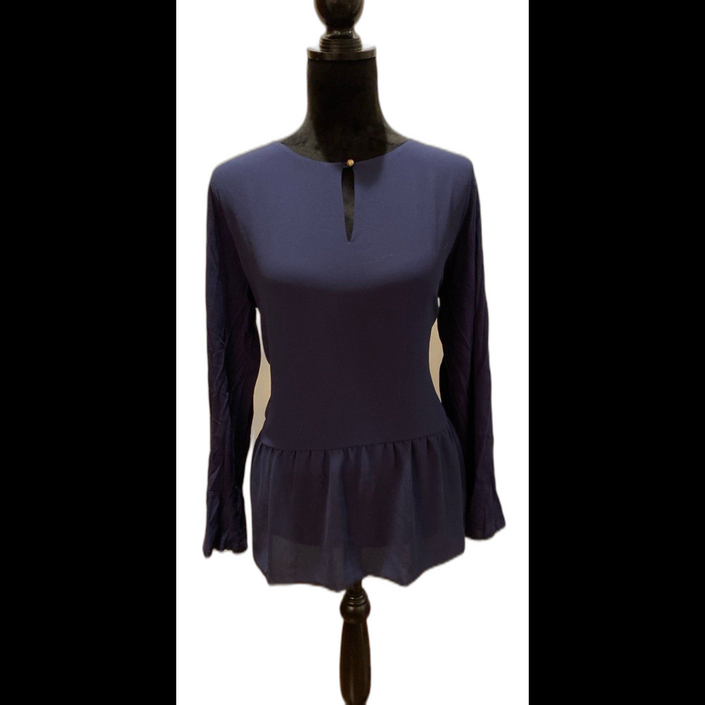 Michael Kors Blouse Plus Sz XL Top Navy Ruffle Hem Bell Long Sleeves Dressy Chic